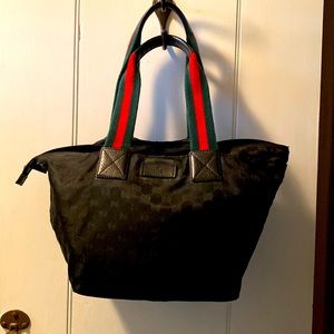 Gucci Black Tote with Signature Red & Green Striped Handles